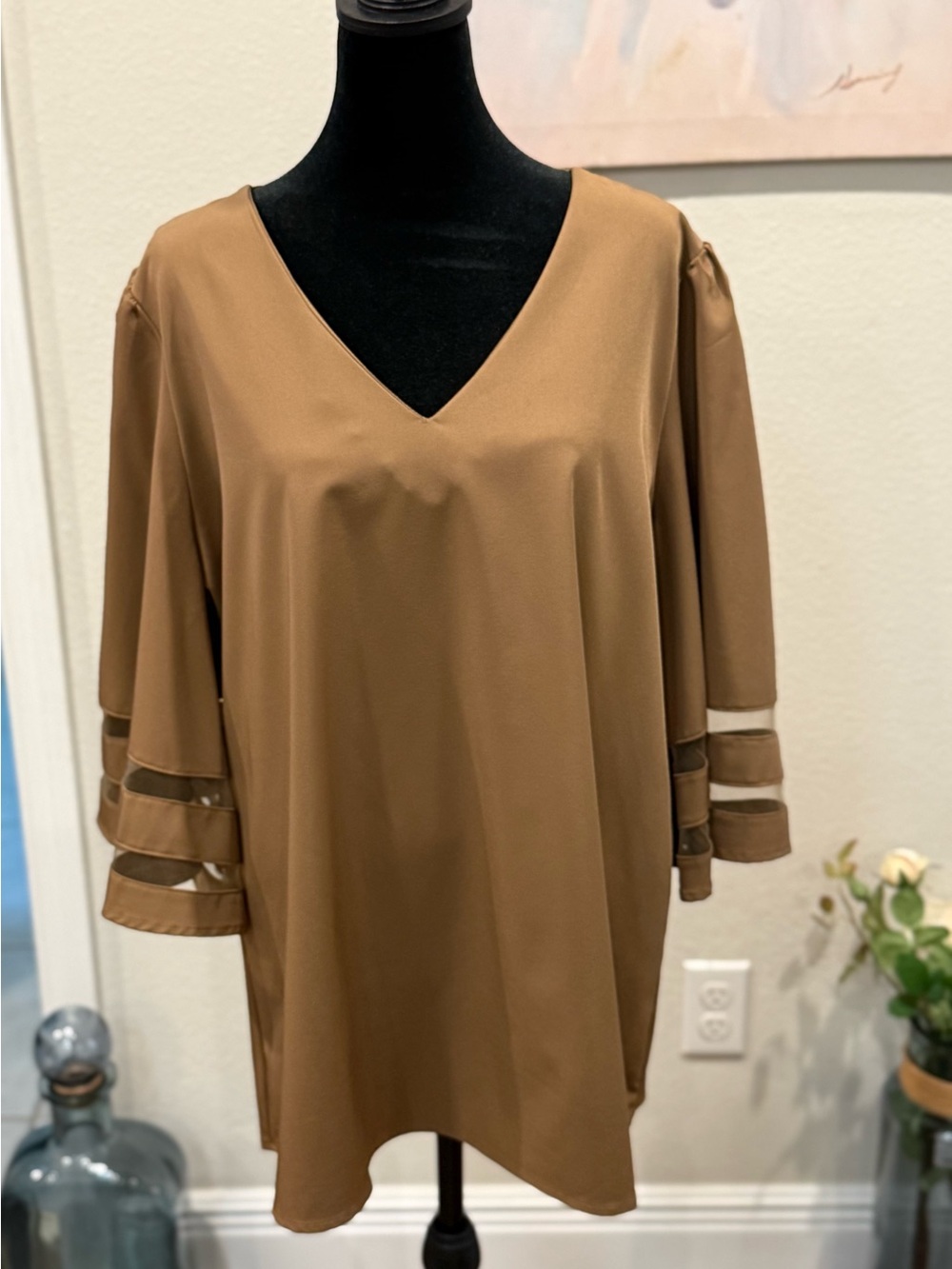 Women's V-Neck Tan Blouse with Sheer Band Sleeves
